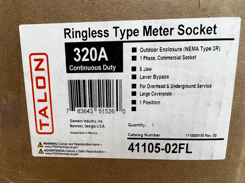 Siemens/Talon Ringless Type Meter Socket 400 amp 120/240v (320A Continuous) 41105-02FL