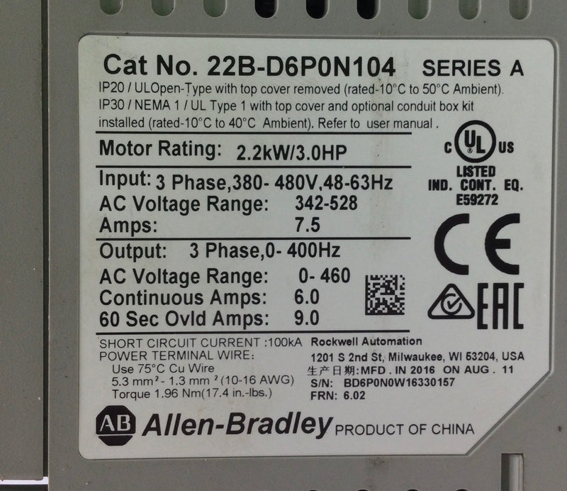Allen-Bradley 22B-D6P0N104 7.5 Amp 3-Phase 480V AC Drive