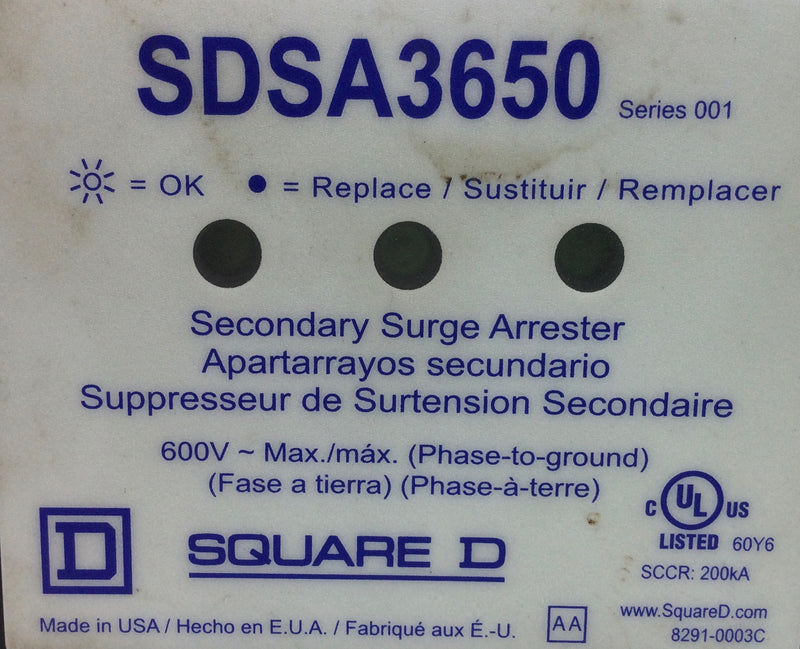Square D SDSA3650 3 PH 600V Secondary-Surge Arrester/Surge Protective