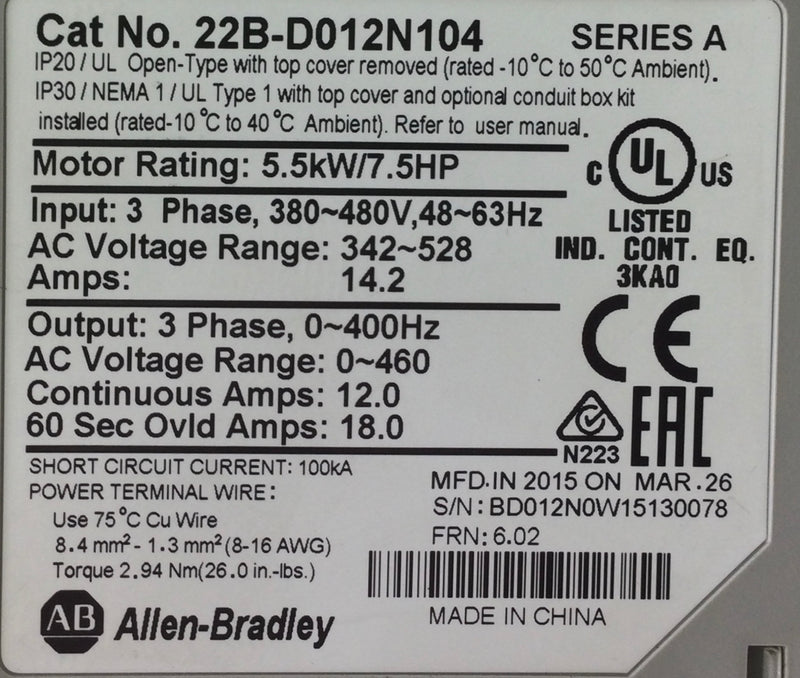 Allen-Bradley 22B-D012N104 14.2 Amp 3-Phase 480V AC Drive