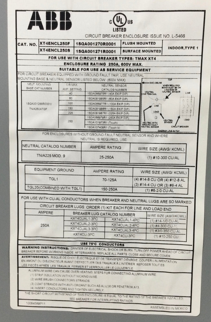 ABB XT4ENCL250F 250 Amp 3-Pole 600V Panelboard-Enclosure nema1