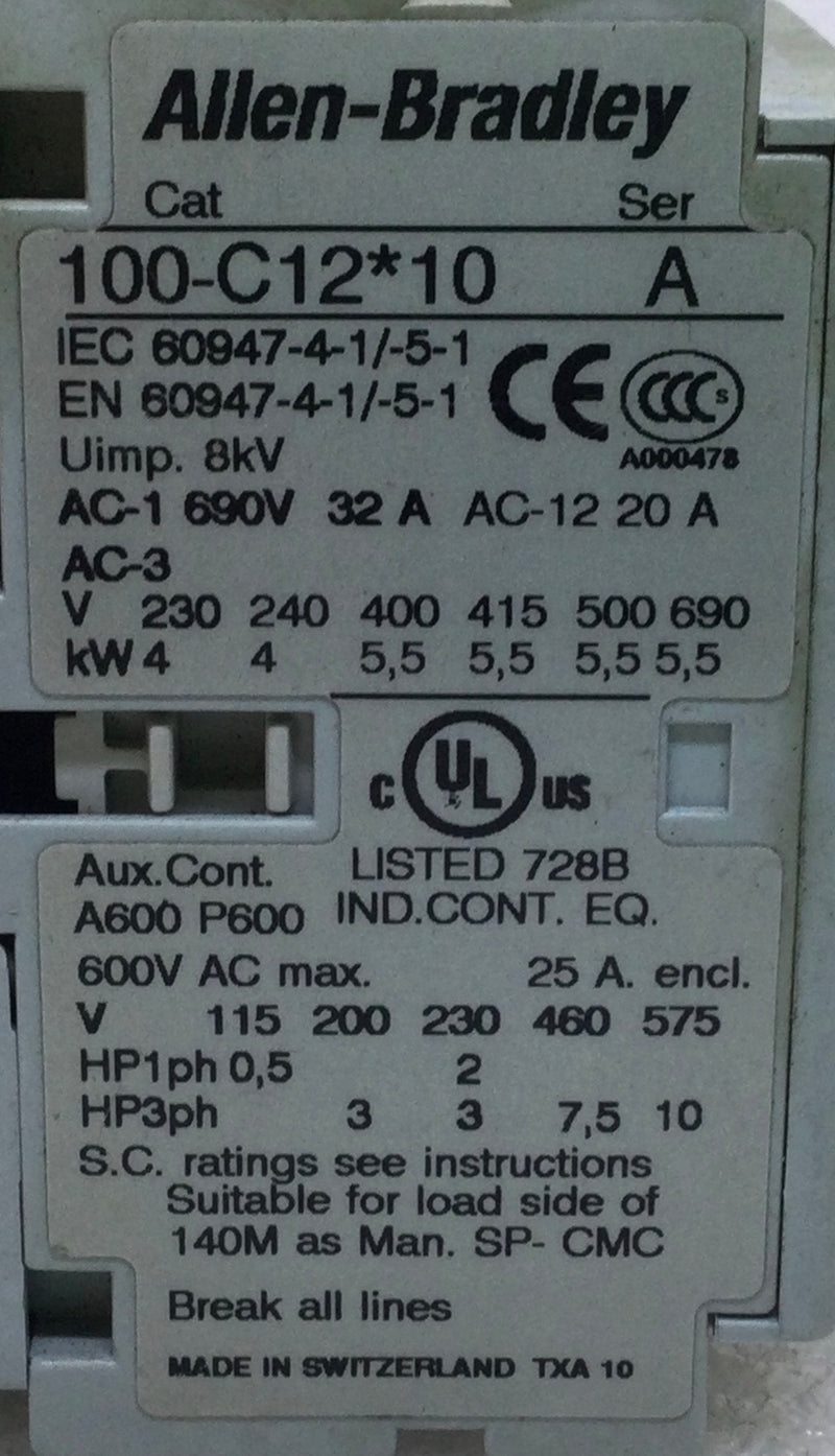 Allen-Bradley 100-C12*10 25 Amp 3-Phase 600V Contactor-Relay