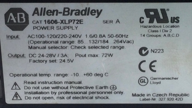 Allen-Bradley 1606-XLP72E 3 Amp 1-Phase 240V Power-Supply