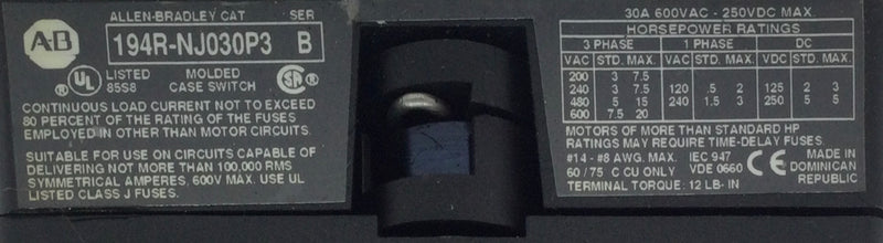 Allen-Bradley 194R-NJ030P3 30 Amp 3-Phase 600V IEC-Disconnect