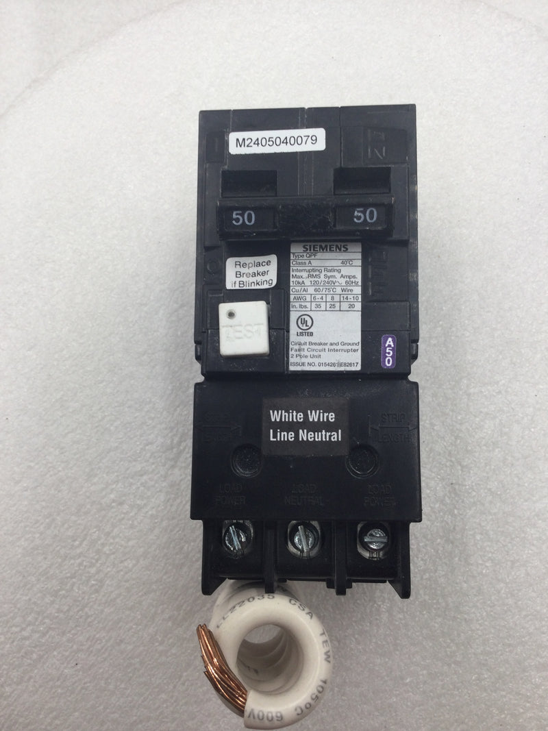 Siemens QF250A 50 Amp 2 Pole 120/240V Type QPF GFCI Circuit Breaker