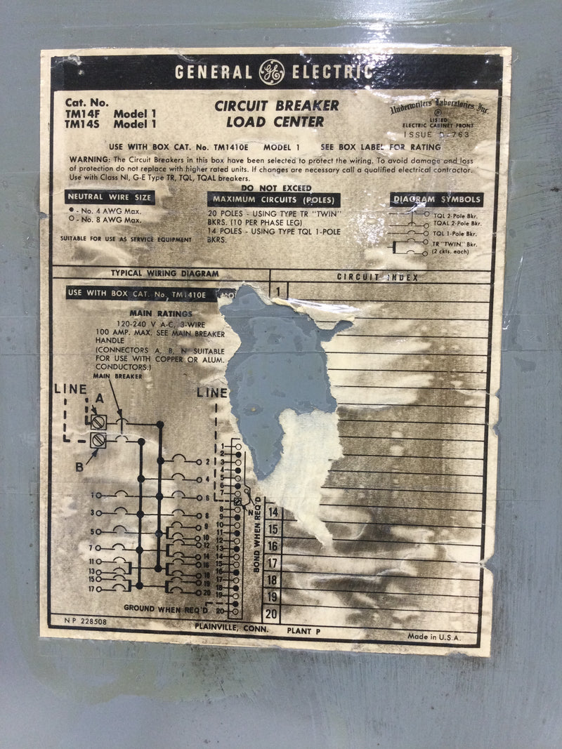 General Electric TM14S Model 1 Load Center Cover/Door Only 100 Amp 120/240V 20 3/4" x 12 1/2"