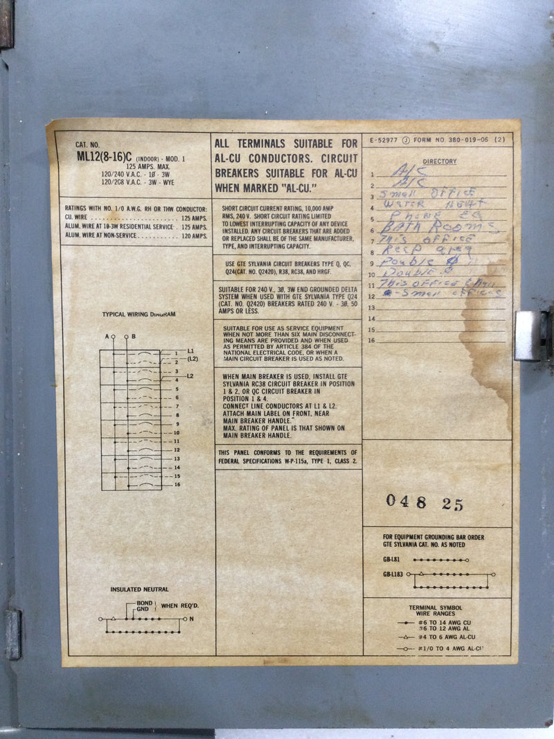 Sylvania ML12(8-16)C 125A 8/16 Space 120/240V Panel Door Only 18 1/8" x 12 1/4"