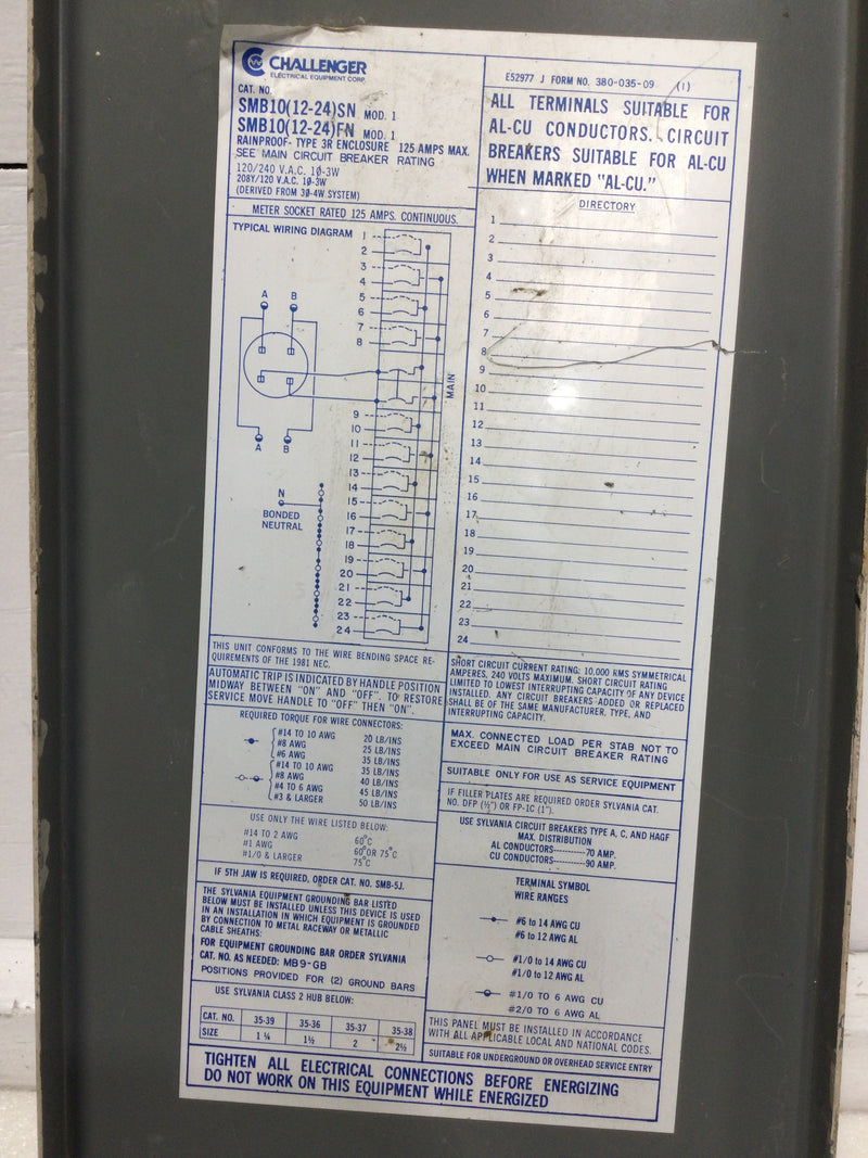 Challenger SMB10(12-24)SN/FN 125 Amp 24 Space 120/240V Cover Only 22" x 6 7/8"