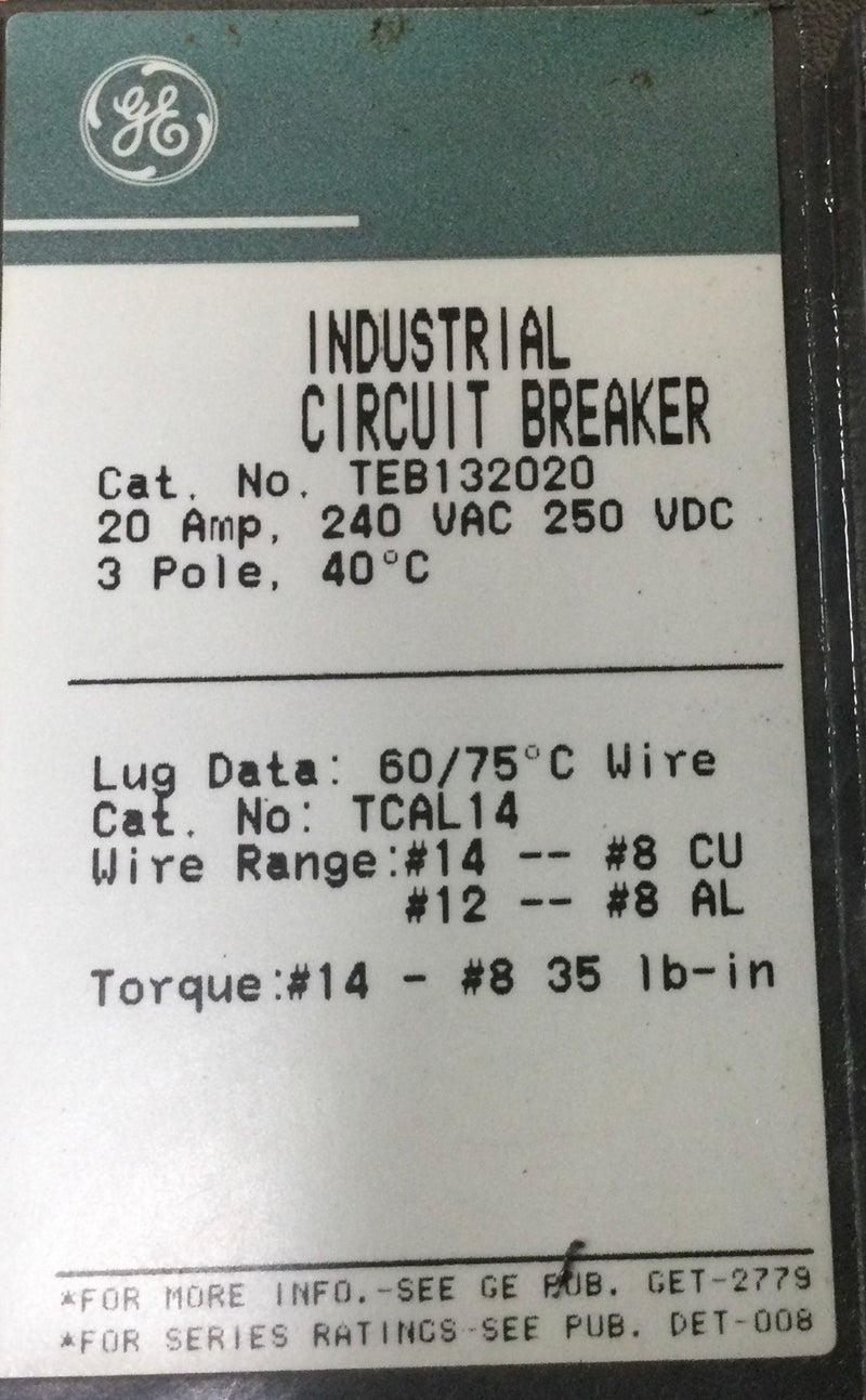 General Electric TEB132020 20 Amp 3 Pole 240V Circuit Breaker