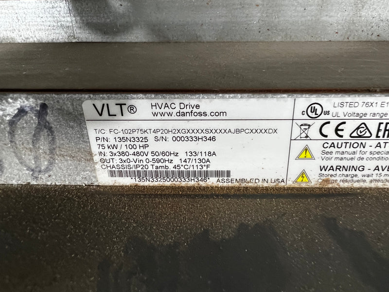 Danfoss VLT HVAC Drive FC-102p75kt4p 100 hp, 75 kw, 124 Amp, 0-460 VAC, 60 HZ