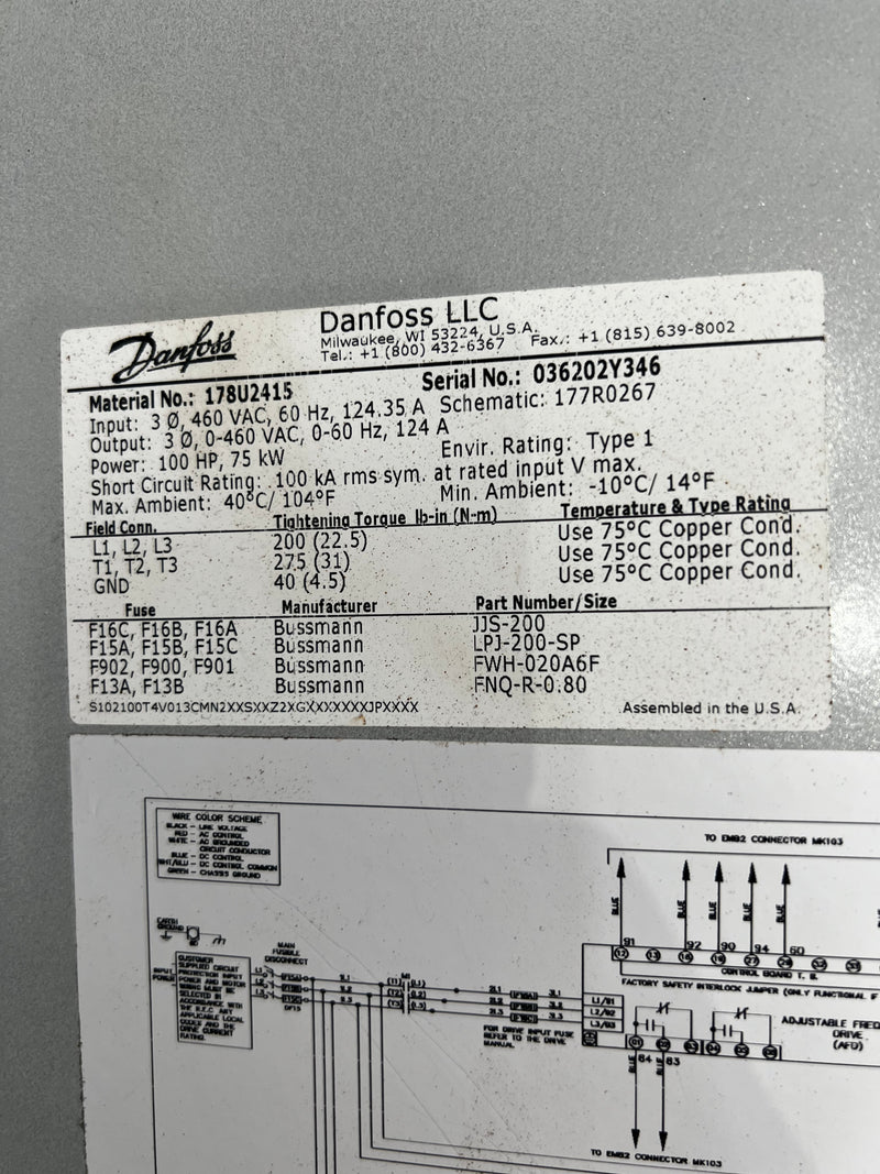 Danfoss VLT HVAC Drive FC-102p75kt4p 100 hp, 75 kw, 124 Amp, 0-460 VAC, 60 HZ
