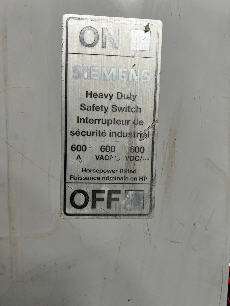 Siemens HF666NRA 600 Amp 600VAC Nema3R Outdoor 3 Phase Fused HD Safety Switch