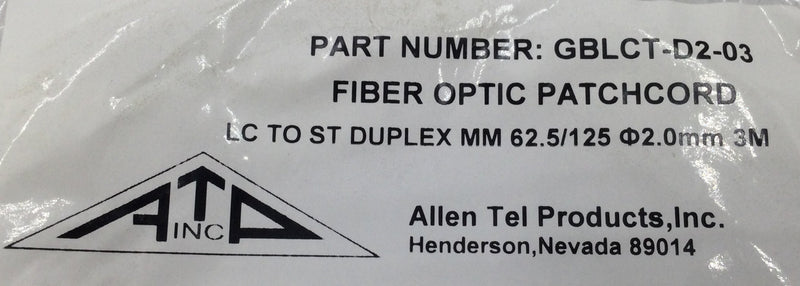 Allen Tel Products GBLCT-D2-03 3 Meter LC-ST Duplex MM Fiber Optic Patch Cord