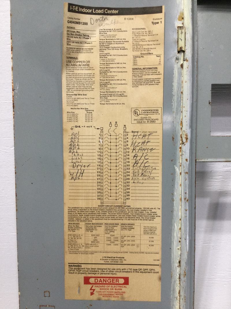 Siemens G4040MB1200 200A 40 Space 120/240V Cover Only w/Main 40 1/8" x 15 1/2"