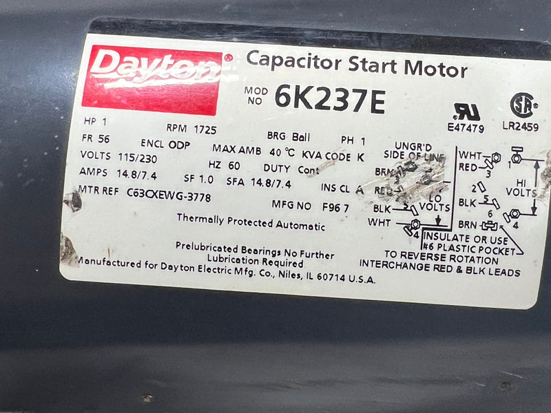 Dayton 6K237E Capacitor Start Motor 1 HP 115/230V 14.8/7.4A 1725 RPM