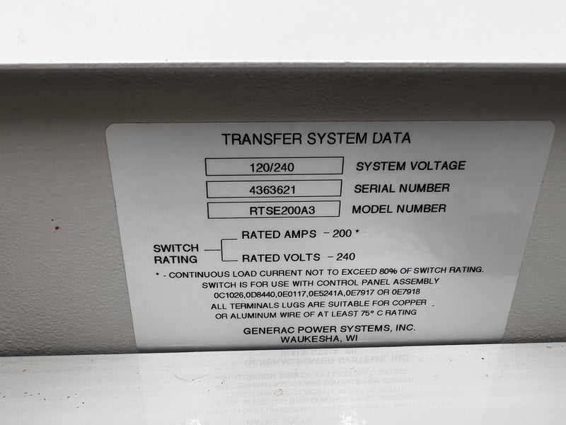 Generac RTSE200A3 Automatic Transfer Switch 200 Amp 240 VAC