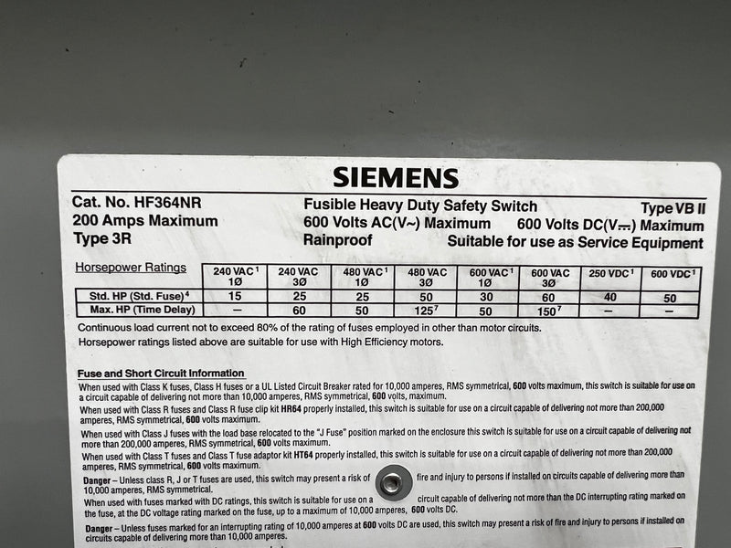 Siemens HF364NR 200 Amp 600VAC Nema3R Outdoor 3Ph, Fused, Safety Switch