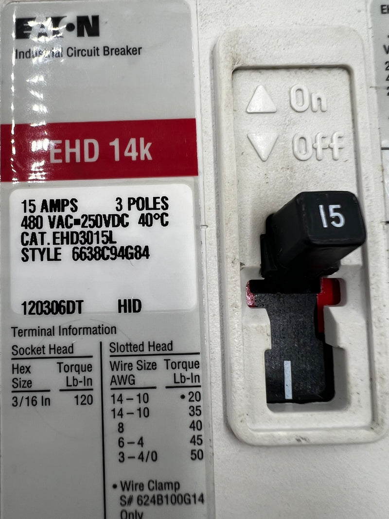 Eaton EHD3015L 15 Amp 3 Pole 480V EHD 14K Circuit Breaker