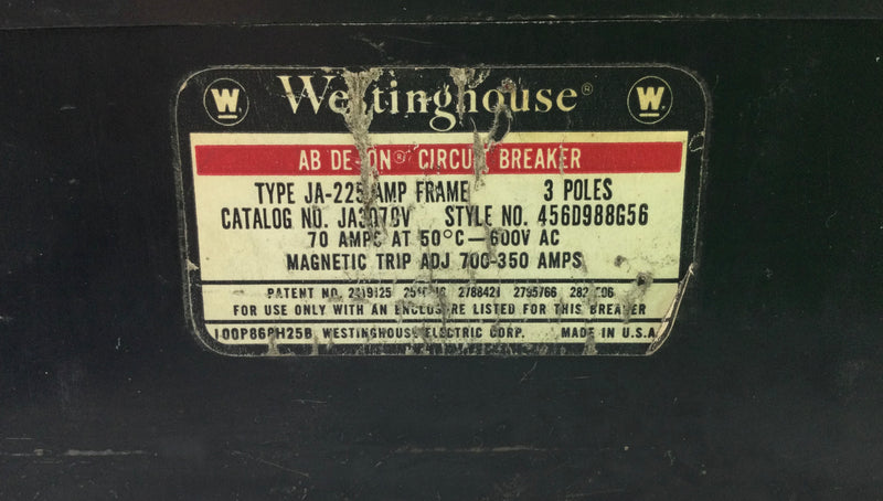Westinghouse JA3070V 70 Amp 3-Pole 600V Circuit Breaker