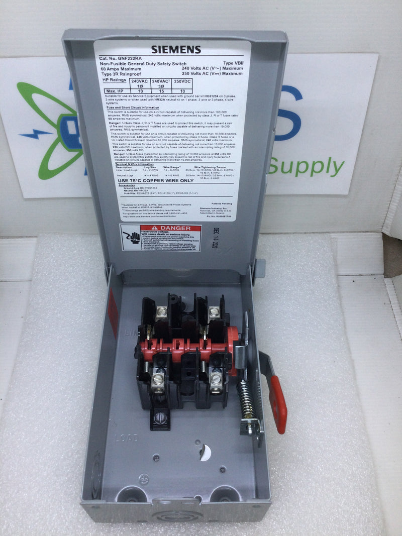 Siemens GNF322RA Type 3R General Duty Non-Fused Safety Switch 3P 3W 240V 60 Amp