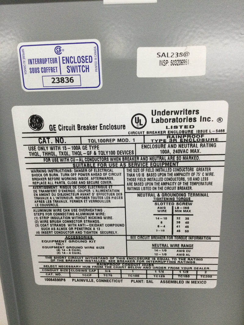GE General Electric TQL100REP 100 Amp 240Vac Type 3R Enclosure