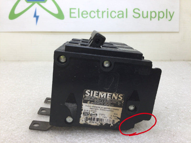 Siemens B360 3 Pole 60 Amp 240 Volt Type BL Circuit Breaker