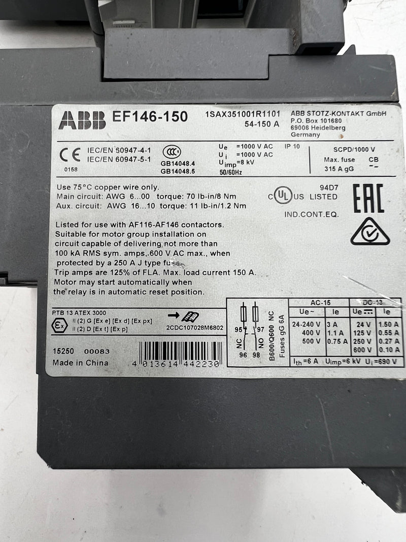 ABB AF116-30 Contactor With ABB EF146-150 Electronic Overload Relay