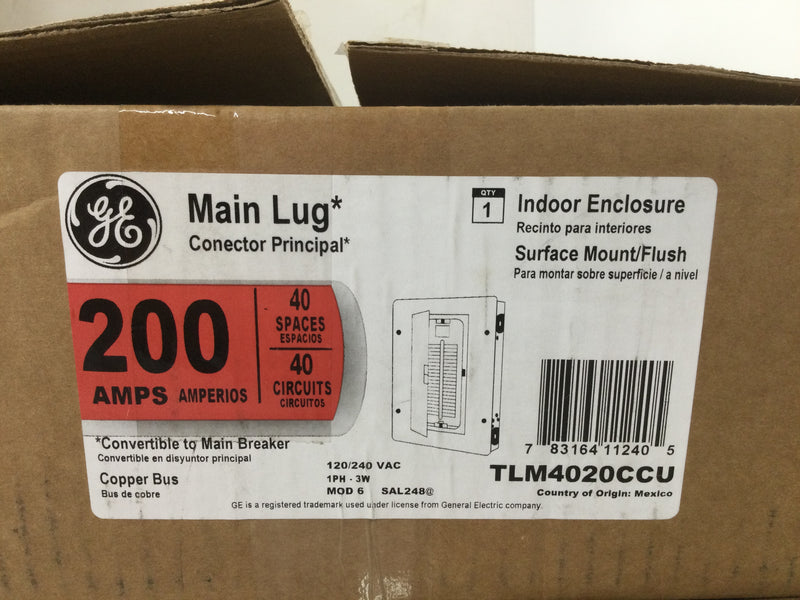 GE TLM4020CCU 200 Amp Main lug Load Center 1 Phase 3 Wire 120/240V Copper Buss