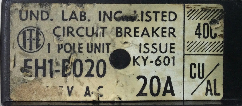 ITE EH1-B020 20 Amp 1 Pole 277V Circuit Breaker - Cosmetic Flaw