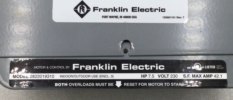 Franklin Electric 2822019310 42.1 Amp 2-Pole 230V Control Panel