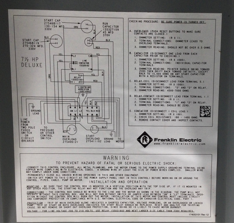 Franklin Electric 2822019310 42.1 Amp 2-Pole 230V Control Panel