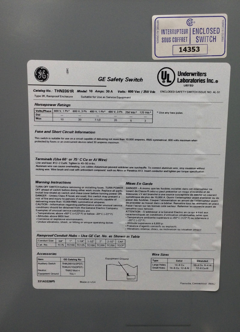 GE/General Electric THN3361R 30 Amp 3-Pole 600V Safety Switch