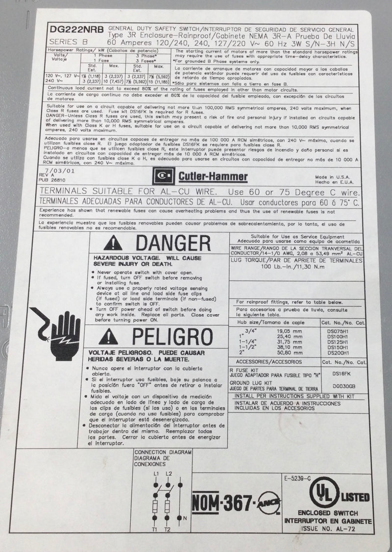 Cutler-Hammer DG222NRB 60 Amp 2-Pole 120V/240V Safety Switch