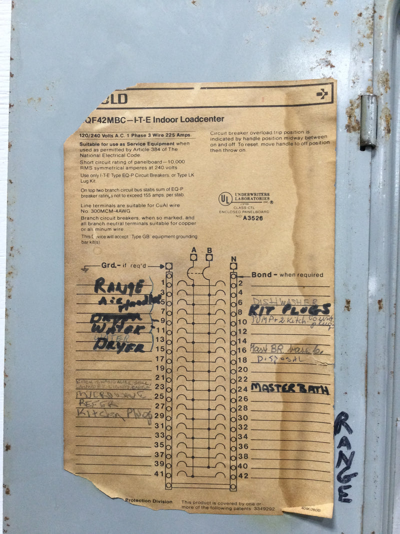 Gould/ITE GQF42MBC 225 Amp 42 Space 120/240V Panel Door w/Main 37 1/8" x 15 1/2"