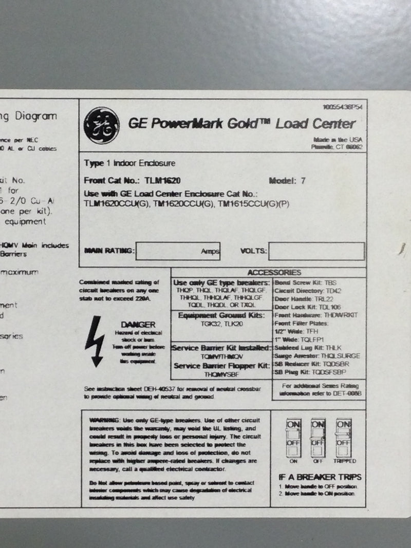 General Electric TLM1620 16 Space 120/240V Panel Door w/Main 26 1/8" x 15 3/8"