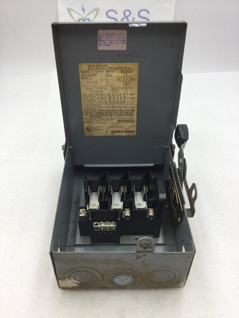 Square D D321NRB Outdoor 30 Amp 240 VAC 3 Pole Fusible Safety Switch Nema 3R Enclosure 6.5" X 9"
