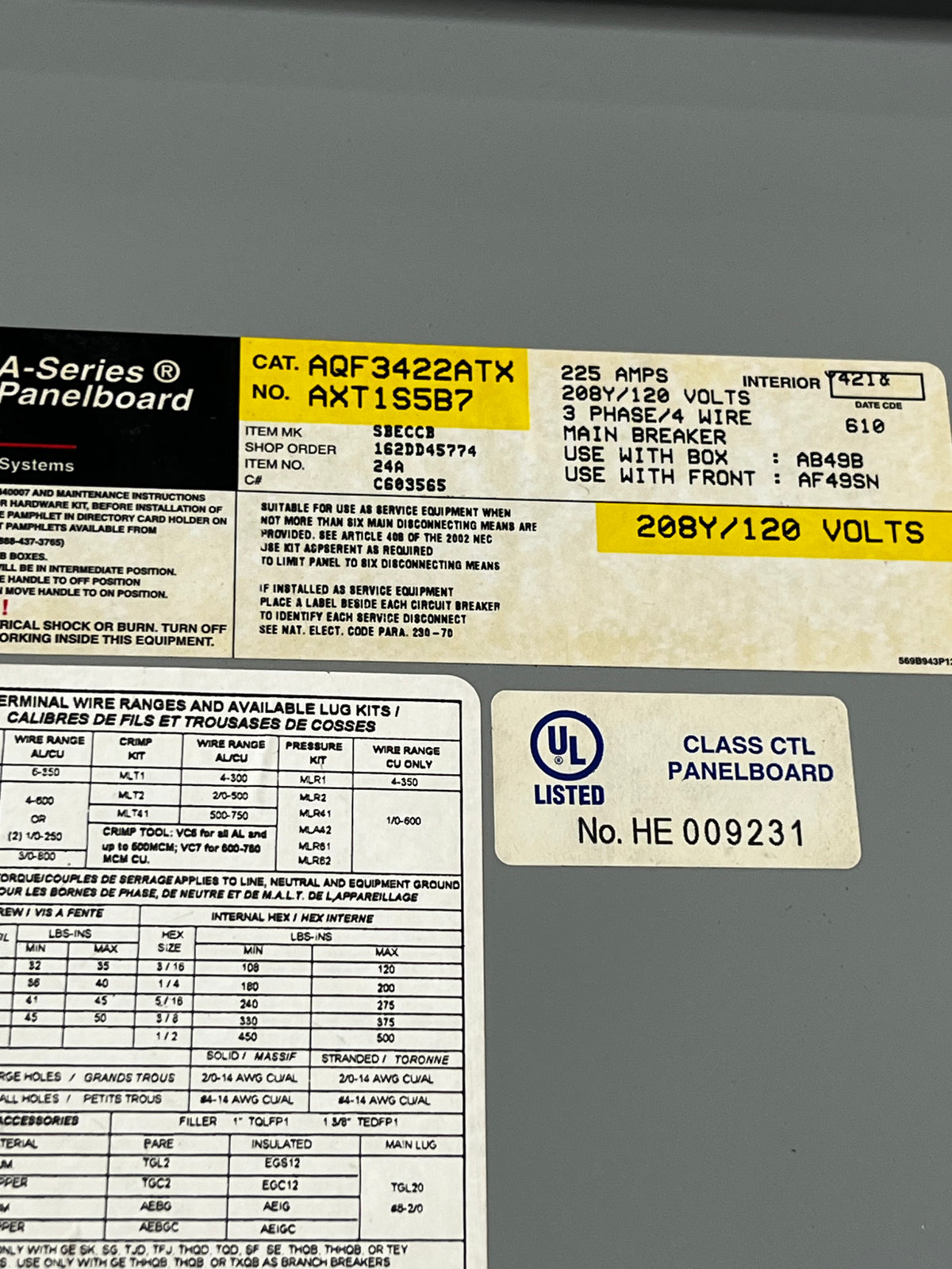 GE General Electric AQF3422ATX 225 Amp Main Breaker Panel 208v 42 circ