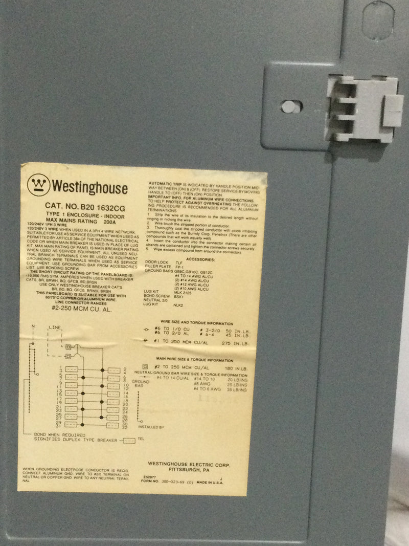 Westinghouse B20 1632CG 200 Amp 120/240V 1 Phase 3 Wire Indoor Enclosure 22 Space 28" x 15"
