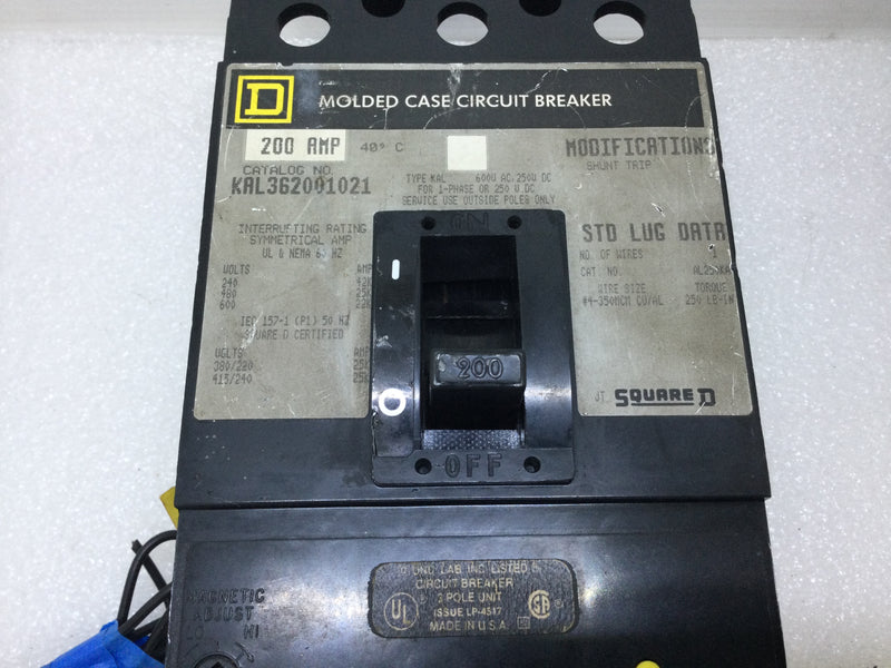 Square D KAL362001021 200 Amp 3 Pole 600 Volt w/120/240V Shunt Trip Circuit Breaker