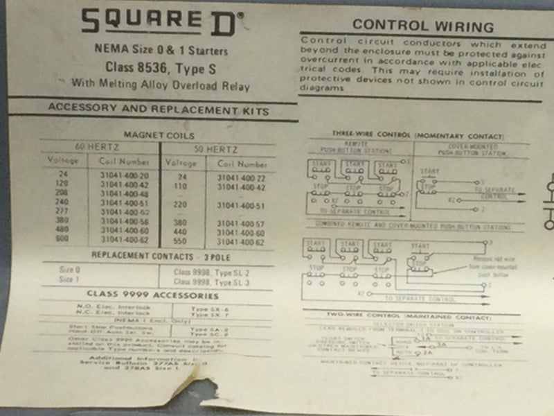 Square D 8536 Type SCG3 NEMA Size 1 120v Series A Coil 480v Overload Relay Contactor with CLASS 9999 SC22
