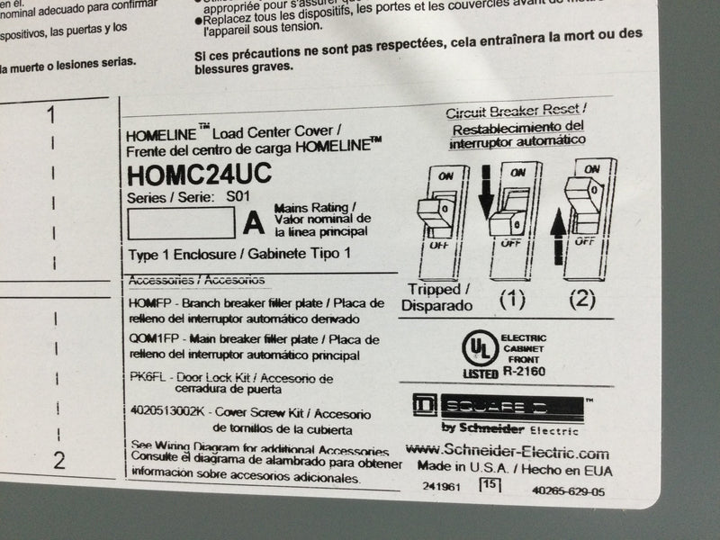 Square D HOMC24UC 24 Space 120/240V Panel Door w/Main 27 1/4" x 15 3/8"