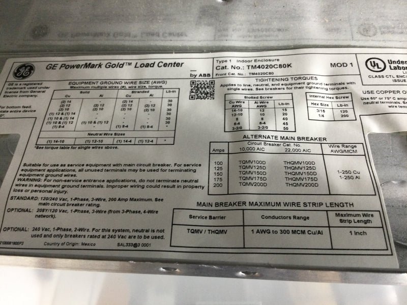 GE PowerMark TM4020C80K 200A 40-Space 80-Circuit Indoor Main Breaker Load Center
