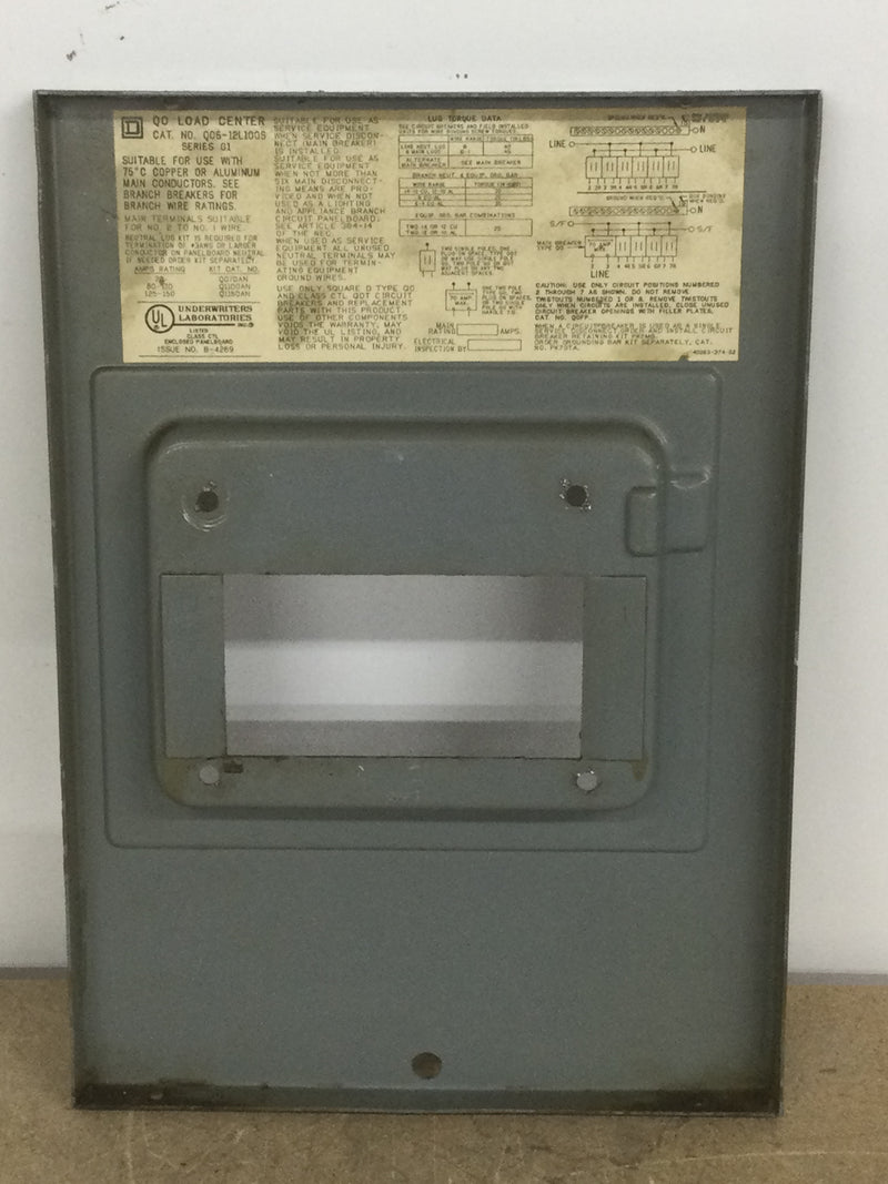 Square D QO6-12L100 100 Amp 8 Space 120/240V Dead Front Only 12 3/4" x 9"