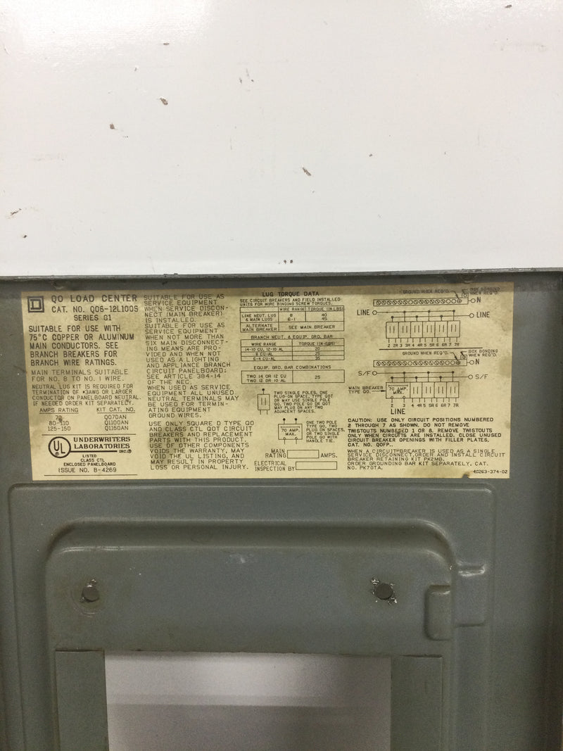 Square D QO6-12L100 100 Amp 8 Space 120/240V Dead Front Only 12 3/4" x 9"