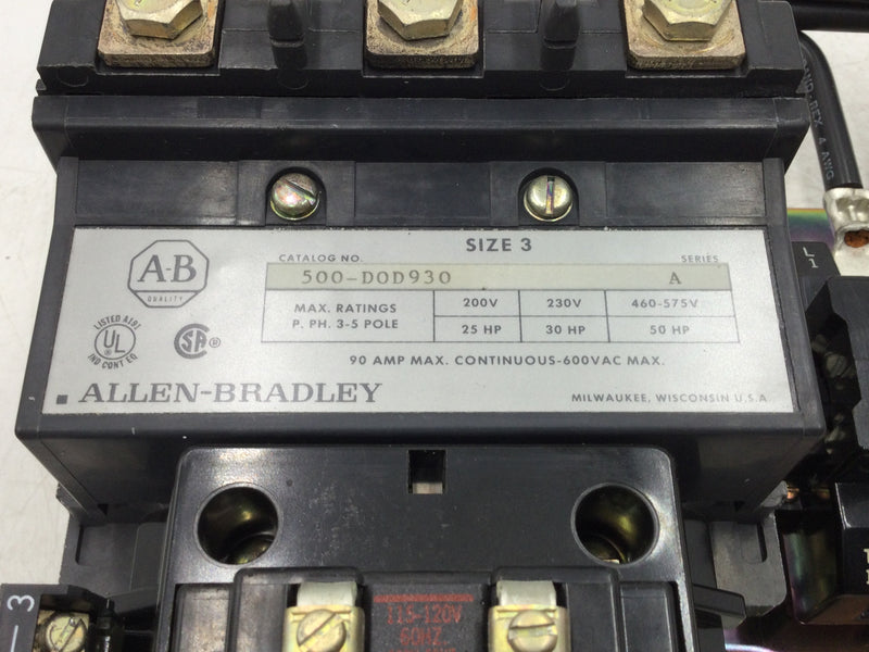 Allen-Bradley 500-D0D930 Motor Starter NEMA Size 3/Allen-Bradley 592-D0V16 Overload Relay Combo