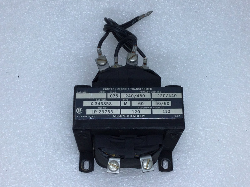 Allen-Bradley X-343858 Control Circuit Transformer Primary 240/480V 220/440V .075KVA