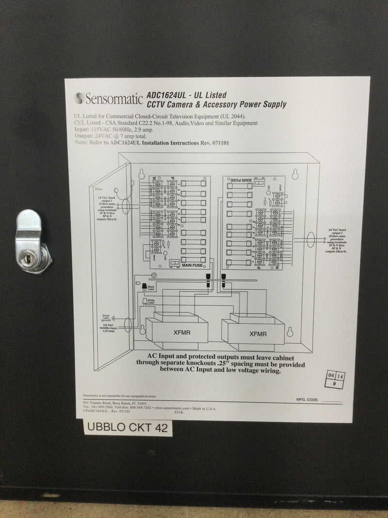 Sensormatic ADC1624UL 16 Camera 24 VAC CCTV Power Supply 115 Volt Input w/ 24 VAC Outputs