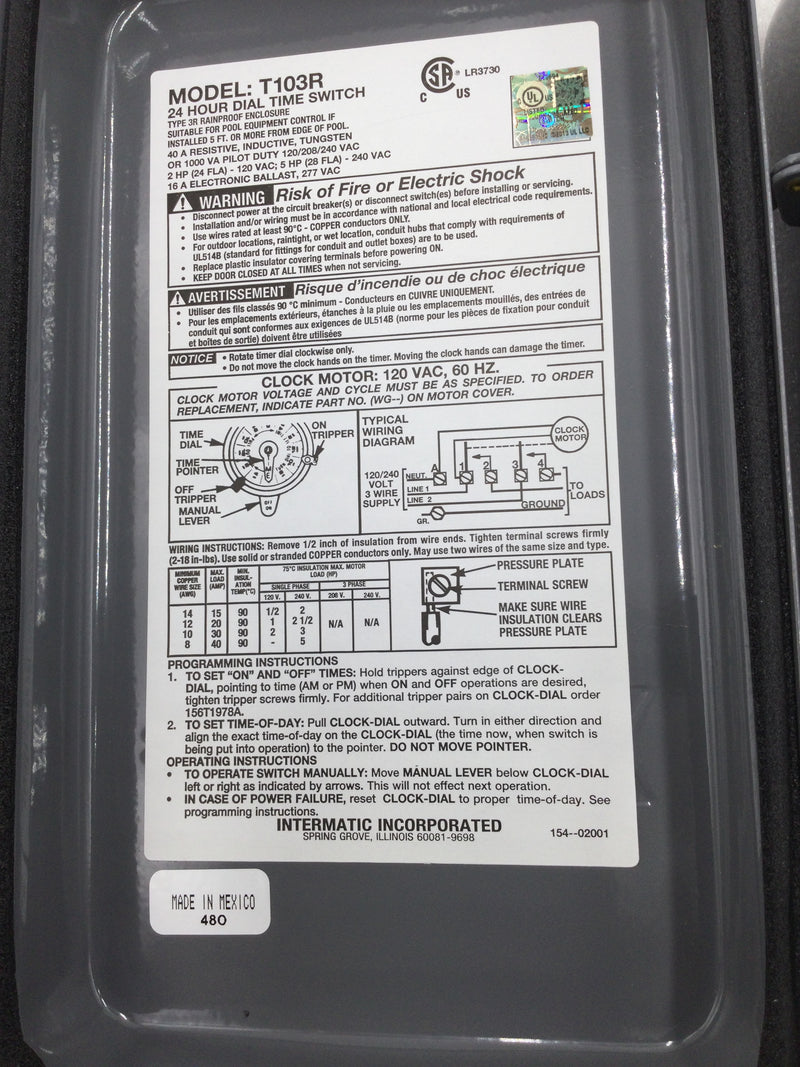 Intermatic T103R 40 Amp 120/208/240 VAC DPST 24-Hour Outdoor Rated Time Switch