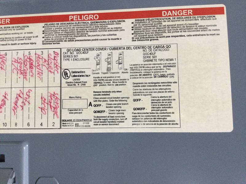 Square D QOC40UF 40 Space 120/240V Panel Door Only w/Main 35" x 15 1/2"