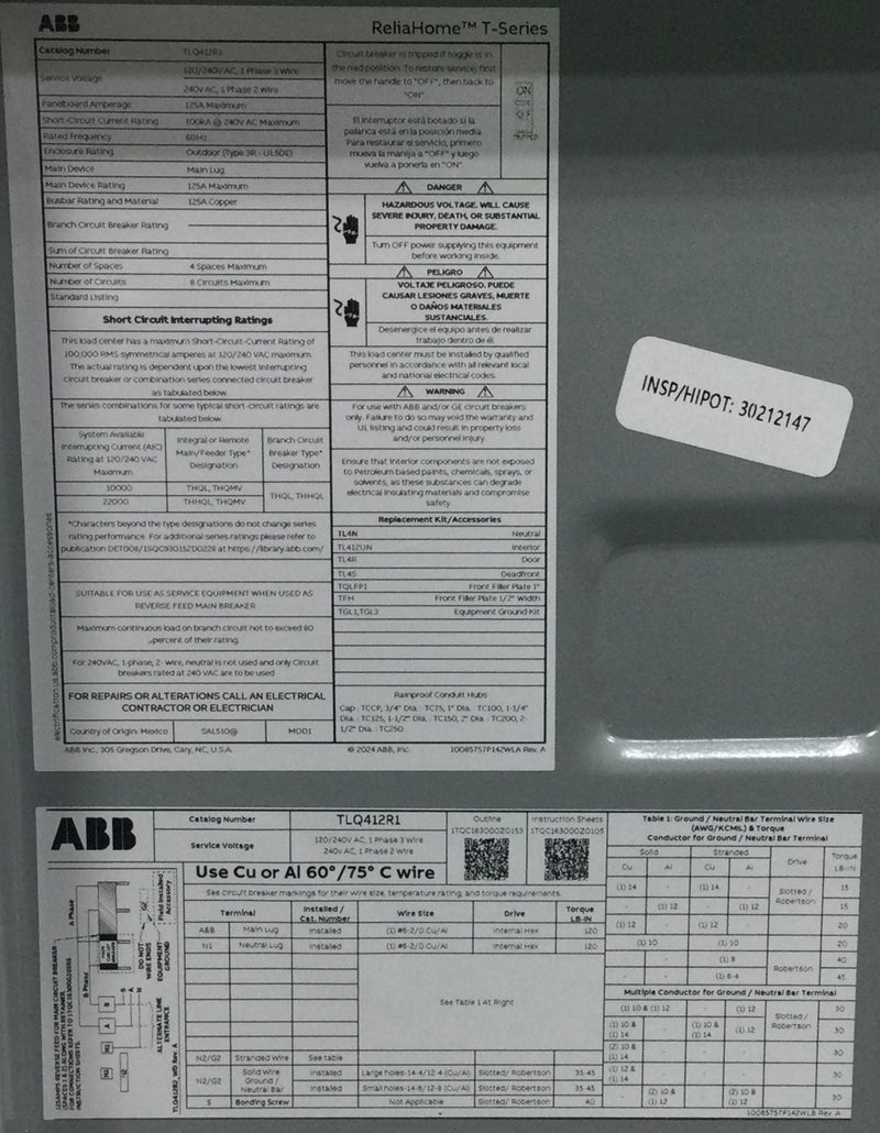 ABB TLQ412R1 125 Amp 4 Space/8 Circuit 240V Load Center 10 1/2" x 7 3/4"